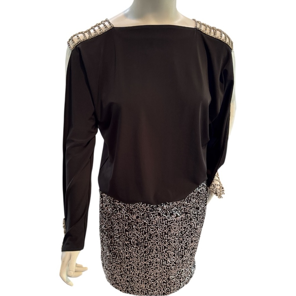 Janine VTG 90s Rhinestone Sequin Mini Black  Dress Small
